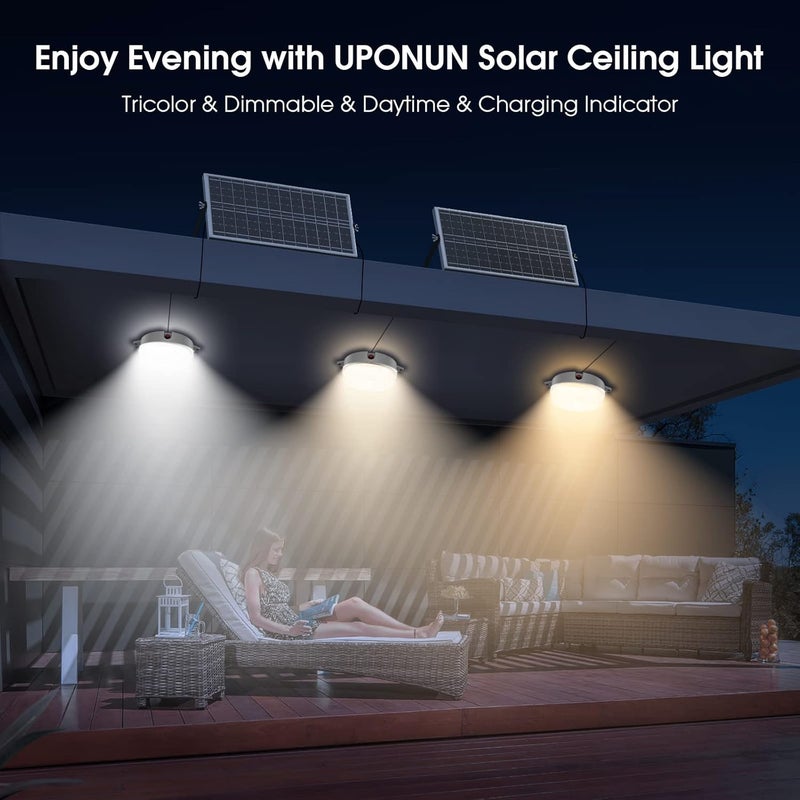 UPONUN Solar Ceiling Lights 2 Pack, Daytime & Night 3200K/4000K/6000K Dimmable Shed Lights with On/Off Switch & Remote, 120LED*2 Solar Lights Outdoor & Indoor for Home Barn Shop Carpot Chicken Coop - Image 3